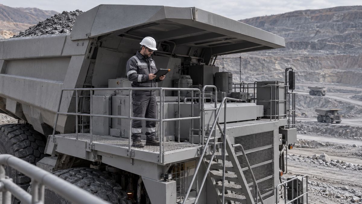 A technician checks a tablet on the railed access platform of a parked haul truck.