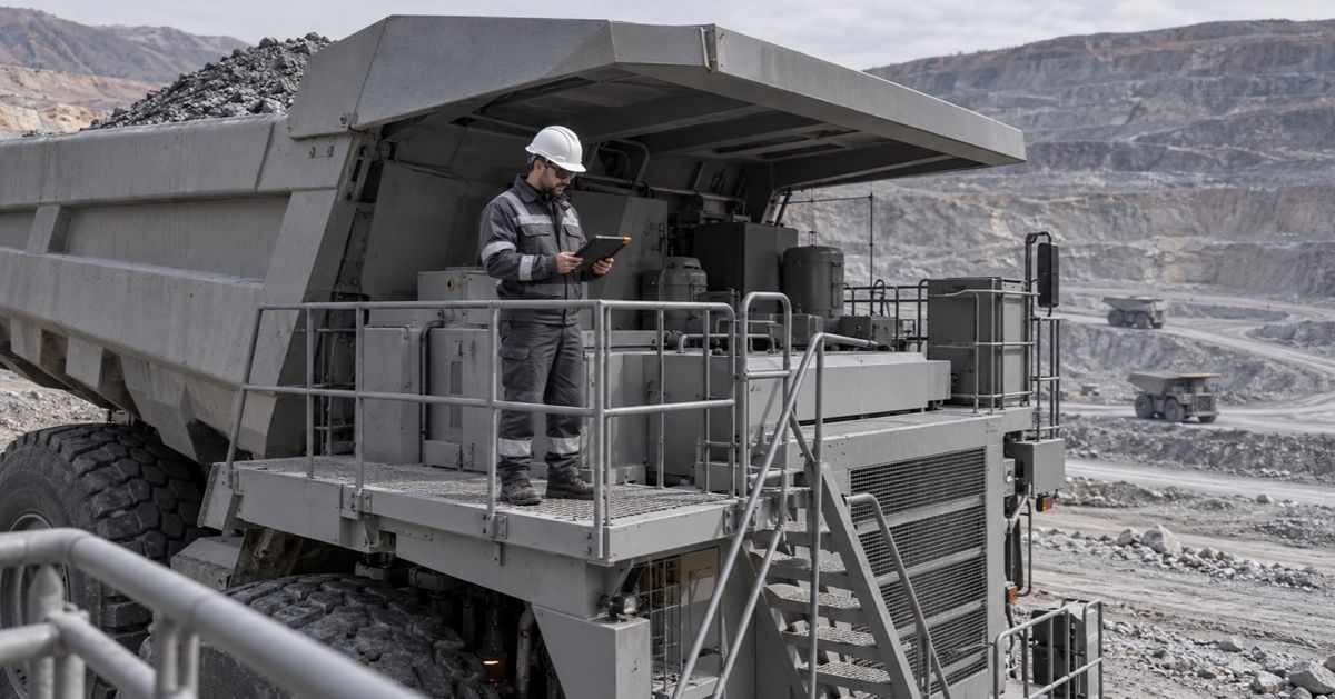 A technician checks a tablet on the railed access platform of a parked haul truck.