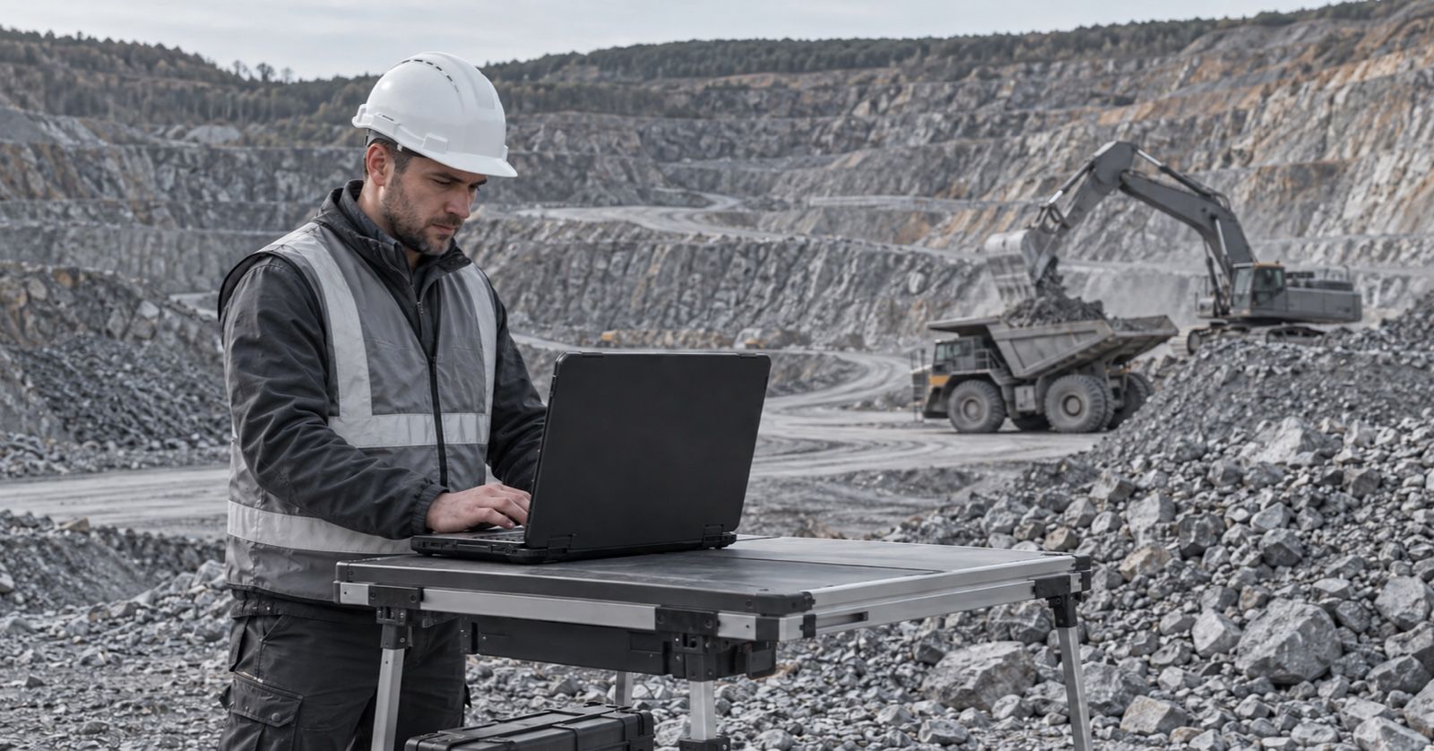 A surveyor works on a laptop beside aggregate stockpiles at a mine.