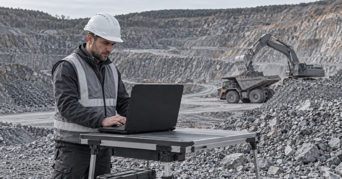 A surveyor works on a laptop beside aggregate stockpiles at a mine.