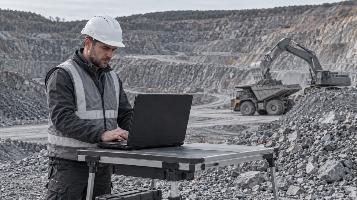 A surveyor works on a laptop beside aggregate stockpiles at a mine.