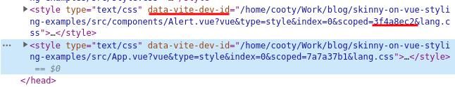 Screenshot of HTML code generated by Vite dev server of a Vue.js project's stylesheets in development