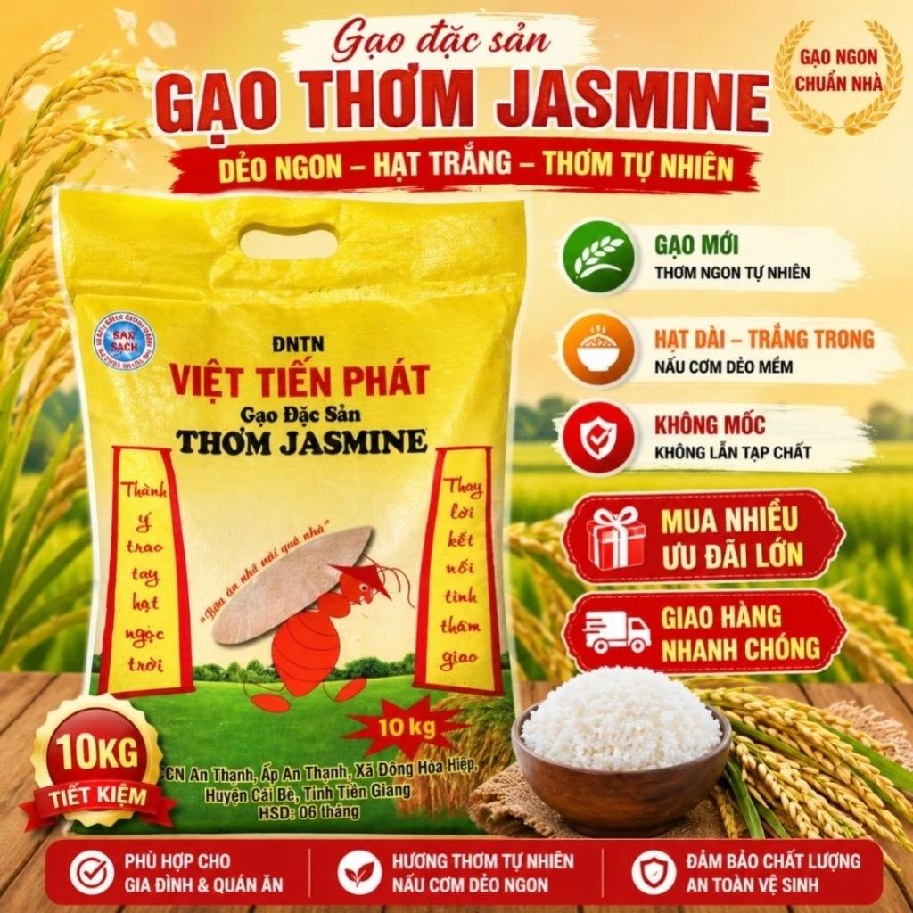 Gạo Thơm Jasmine 10kg – Gạo Mới, Hạt Đẹp, Nấu Cơm Dẻo Ngon Cho Gia Đình