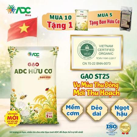 Gạo ADC Hữu cơ (ST25) - Túi 2kg Hút chân không - Thơm dẻo, ngọt mềm cơm - Gạo sạch cho bé ăn dặm