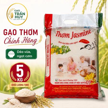 Gạo Thơm Jasmine Chính Hãng - Gạo Sạch Trần Huy - Cơm Dẻo Thơm, Ngọt Đậm Tự Nhiên - Bao 5kg