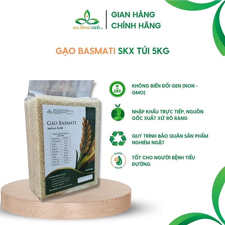 Gạo Basmati India (Ấn Độ), chỉ số đường huyết (GI) thấp, tốt cho người bị tiểu đường, Túi 5kg
