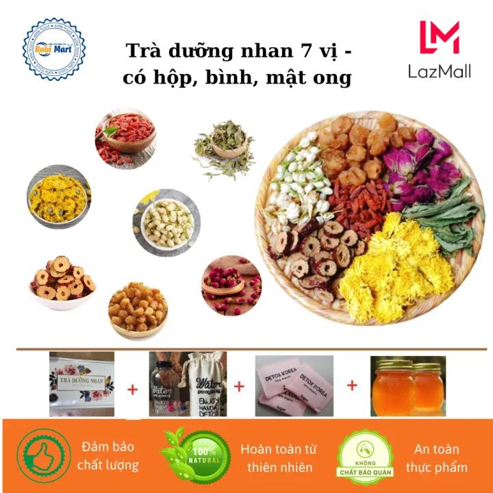 Set 30 gói trà dưỡng nhan 7 vị robimart đẹp da - tặng kèm hộp, bình nhựa 1000ml, túi vải, mật ong, 3 gói đường
