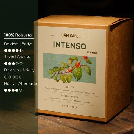 Cà Phê Pha Phin ĐẬM CAFE, Hộp 10 Gói, nguyên chất Cafe Robusta Lâm Đồng Rang Mộc, đắng nhiều, vị chocolate – INTENSO