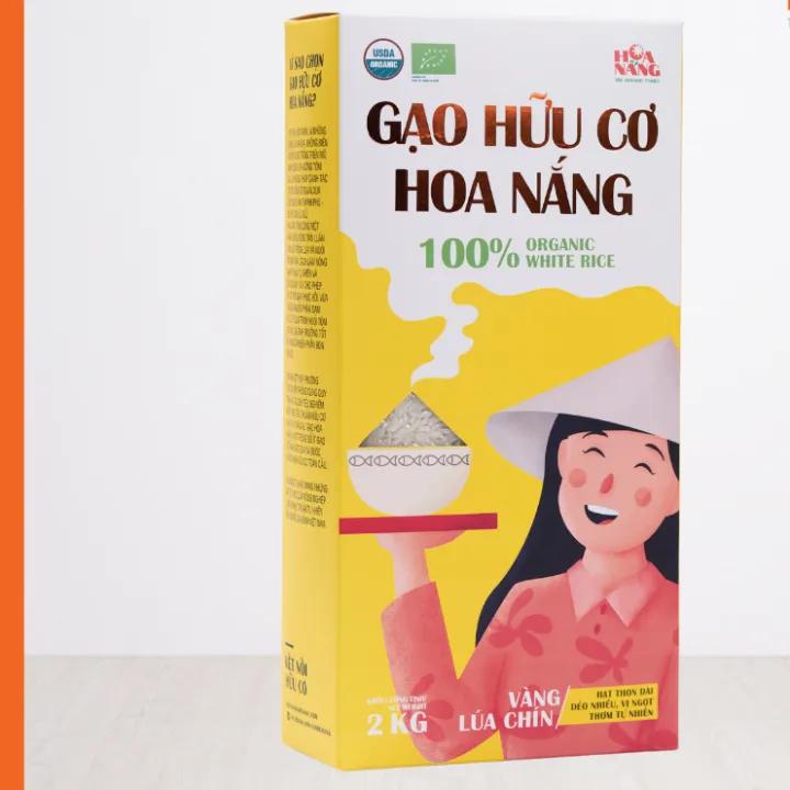 Gạo hữu cơ hoa nắng vàng lúa chín hộp 2kg, hạt thon dài, dẻo nhiều và vị ngọt tự nhiên