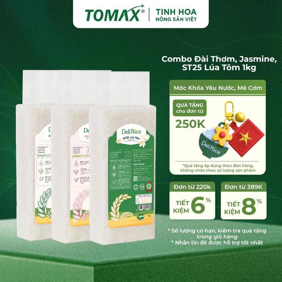 Vi Phúc (1kg Jasmine + 1kg Lúa Tôm + 1kg Đài Thơm Deli Rice) Gạo Ngon Dẻo, Thơm Nhẹ – TOMAX