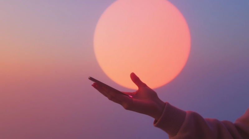 Person holding a phone in front of a sunset