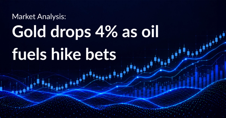 Market Analysis: Gold drops 4% as oil fuels hike bets, over a blue candlestick chart background