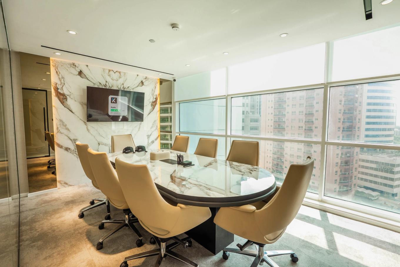 Modern meeting room at Kudo’s Dubai office, supporting compliance, finance and operational teams.