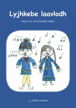 Forside av boken Lyjhkebe laavlodh som viser en barnetegning med to samer omringet av noter