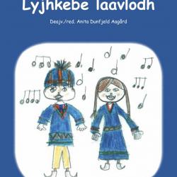 Forside av boken Lyjhkebe laavlodh som viser en barnetegning med to samer omringet av noter