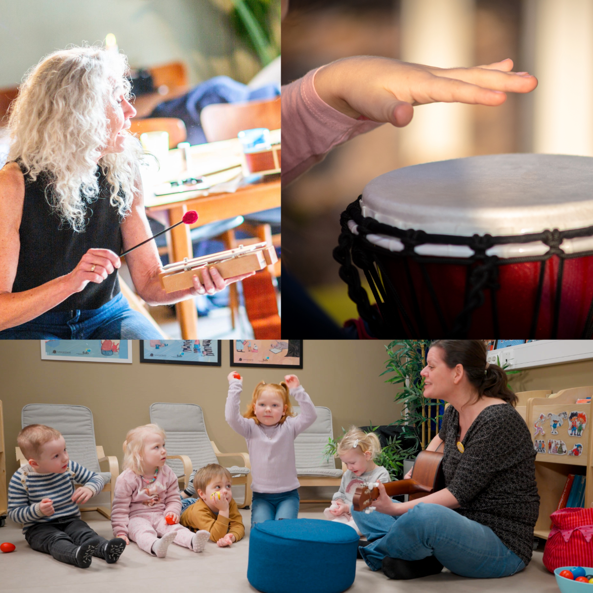 Bilde av barn og voksne som spiller på de tre instrumentene som deles ut