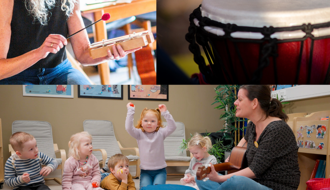 Bilde av barn og voksne som spiller på de tre instrumentene som deles ut