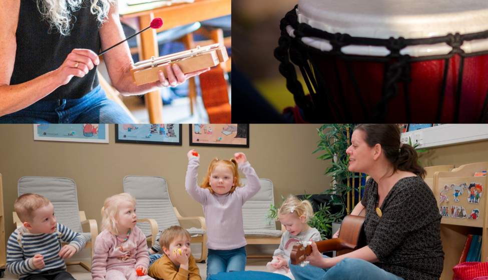 Bilde av barn og voksne som spiller på de tre instrumentene som deles ut
