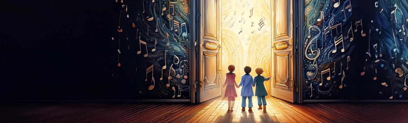 Små barn går inn gjennom enorme, erverdige dører mot en opplyst verden av sang og musikk.