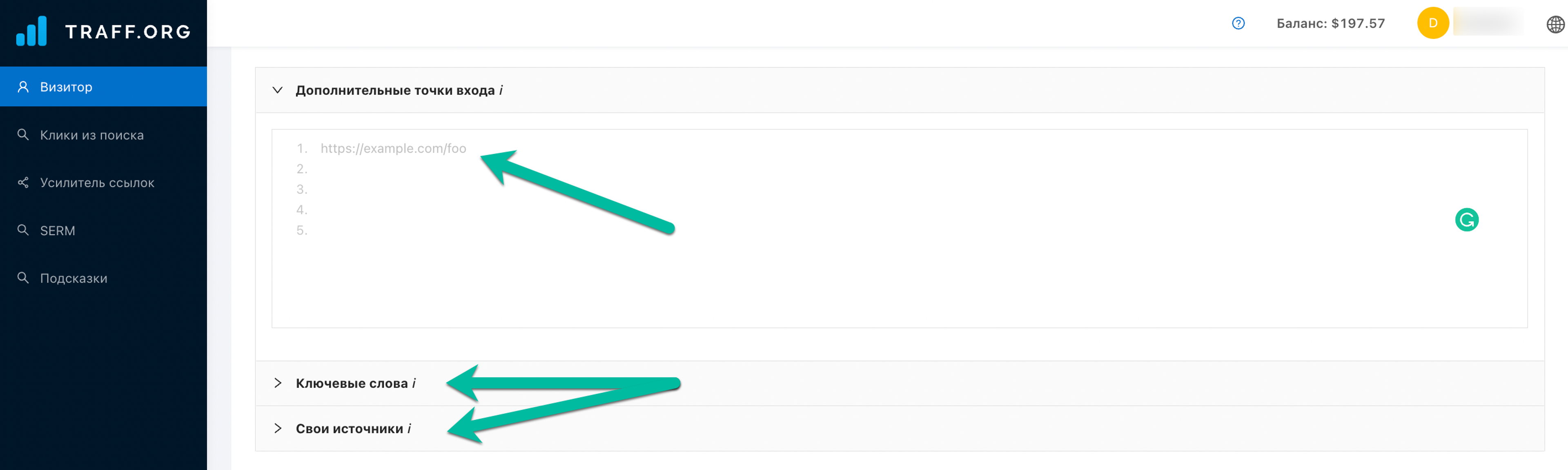 Окно настройки проекта в "Визиторе" - точки входа, ключевые слова, свои исочники