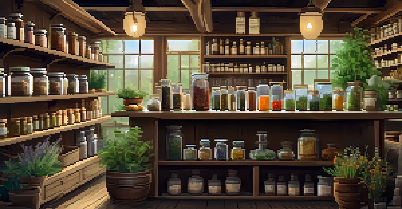 An inviting herbal medicine shop with shelves of herbs and a practitioner discussing remedies with a customer.