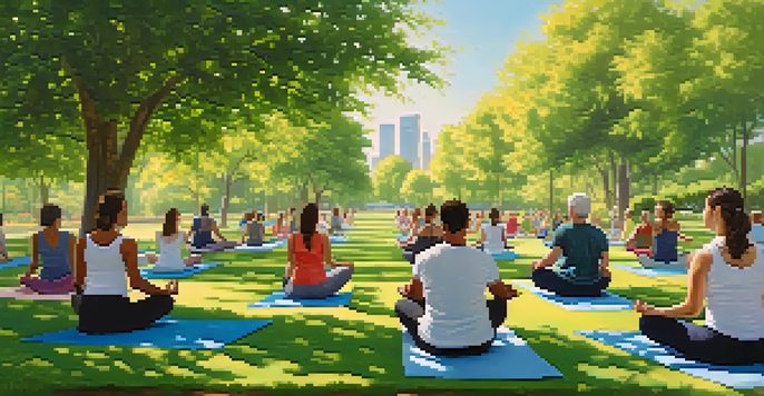 Diverse individuals practicing yoga on colorful mats in a lush green park under a clear sky.
