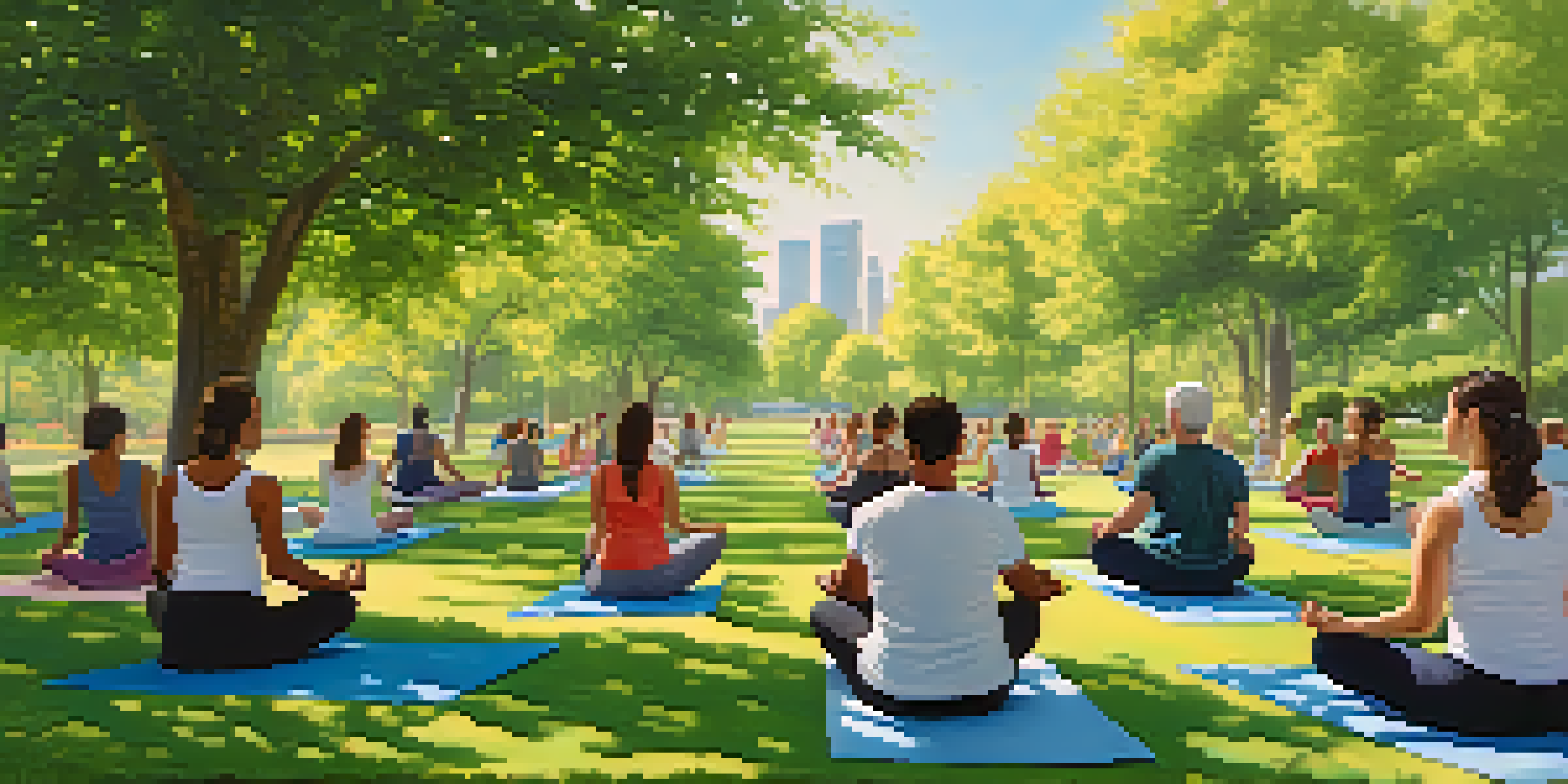 Diverse individuals practicing yoga on colorful mats in a lush green park under a clear sky.