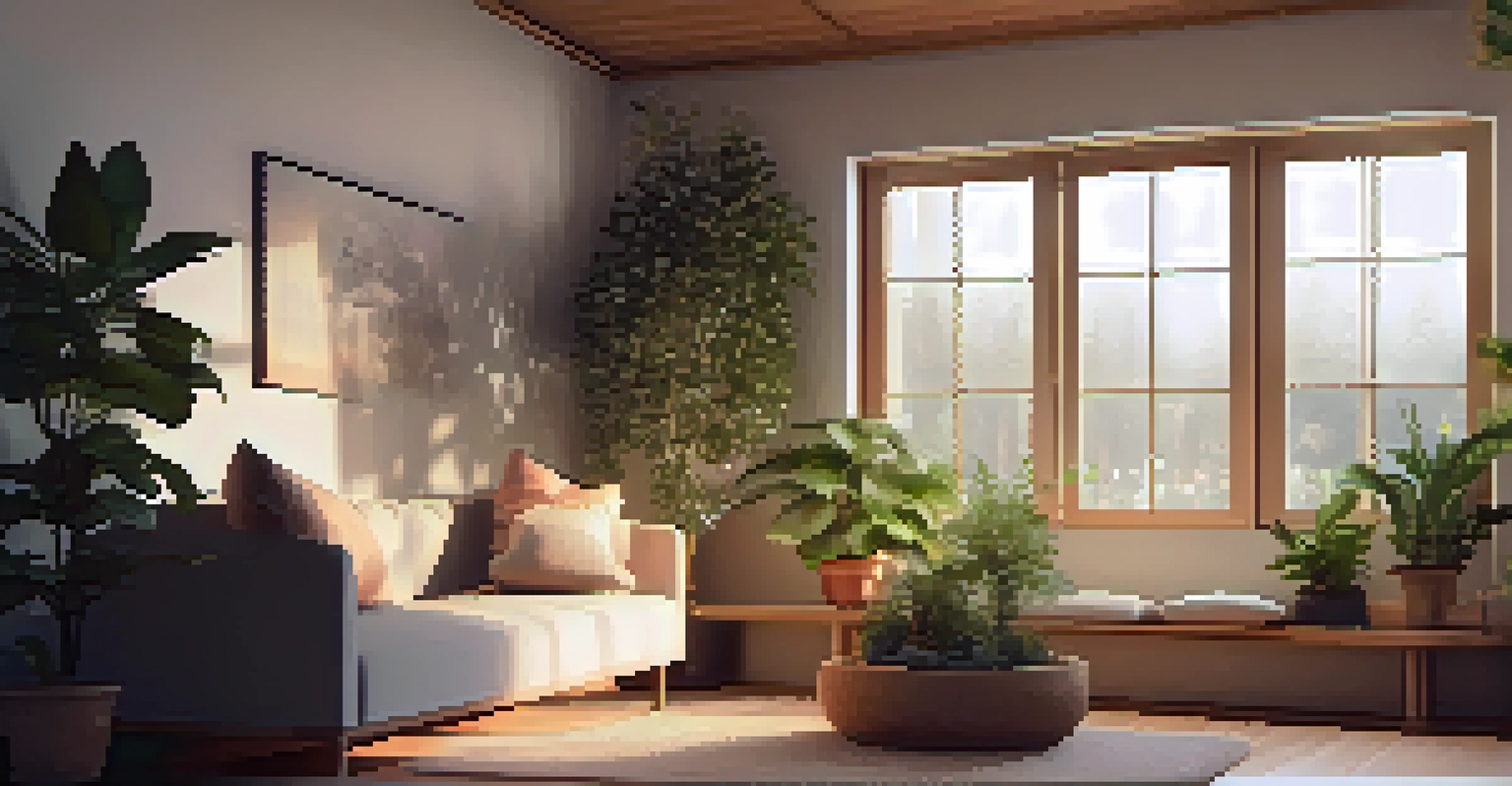 A warm and inviting meditation nook at home with soft lighting and comfortable seating.