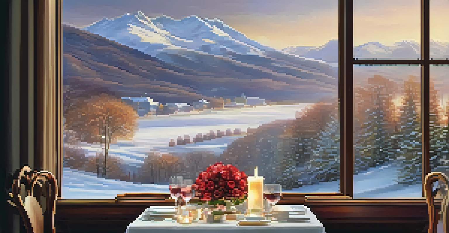 An elegant Valentine's dinner table setting with snowy mountains in the background and couples enjoying the meal.