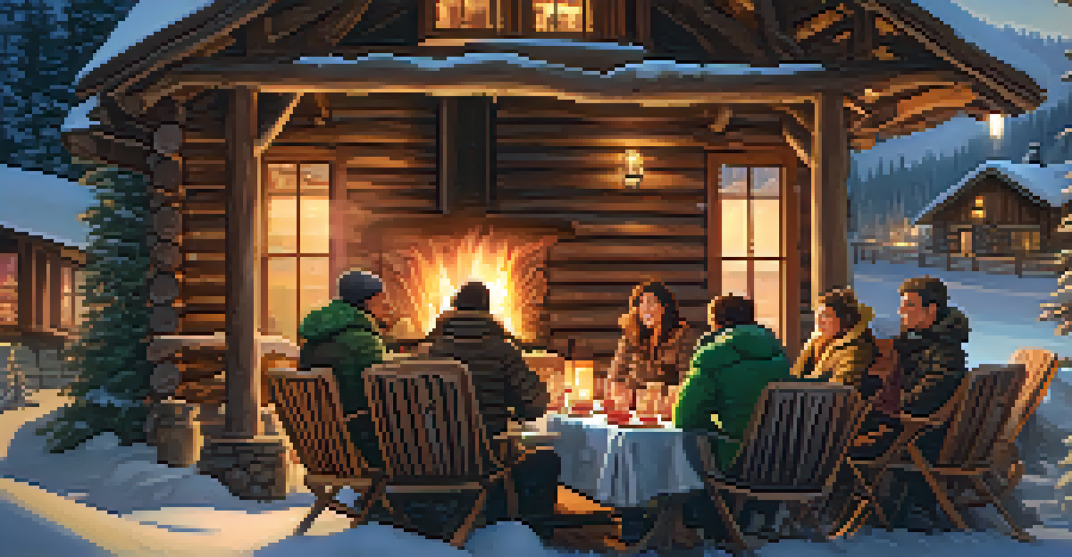 A warm gathering at a lodge with friends enjoying hot cocoa and mountain cuisine, with a fireplace and snowy mountains outside.