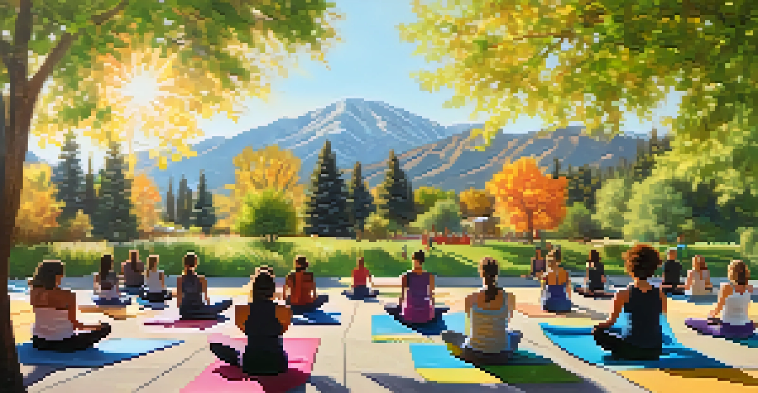 Participants of an outdoor yoga class practicing on colorful mats in a park, with trees and sunlight creating a peaceful setting.