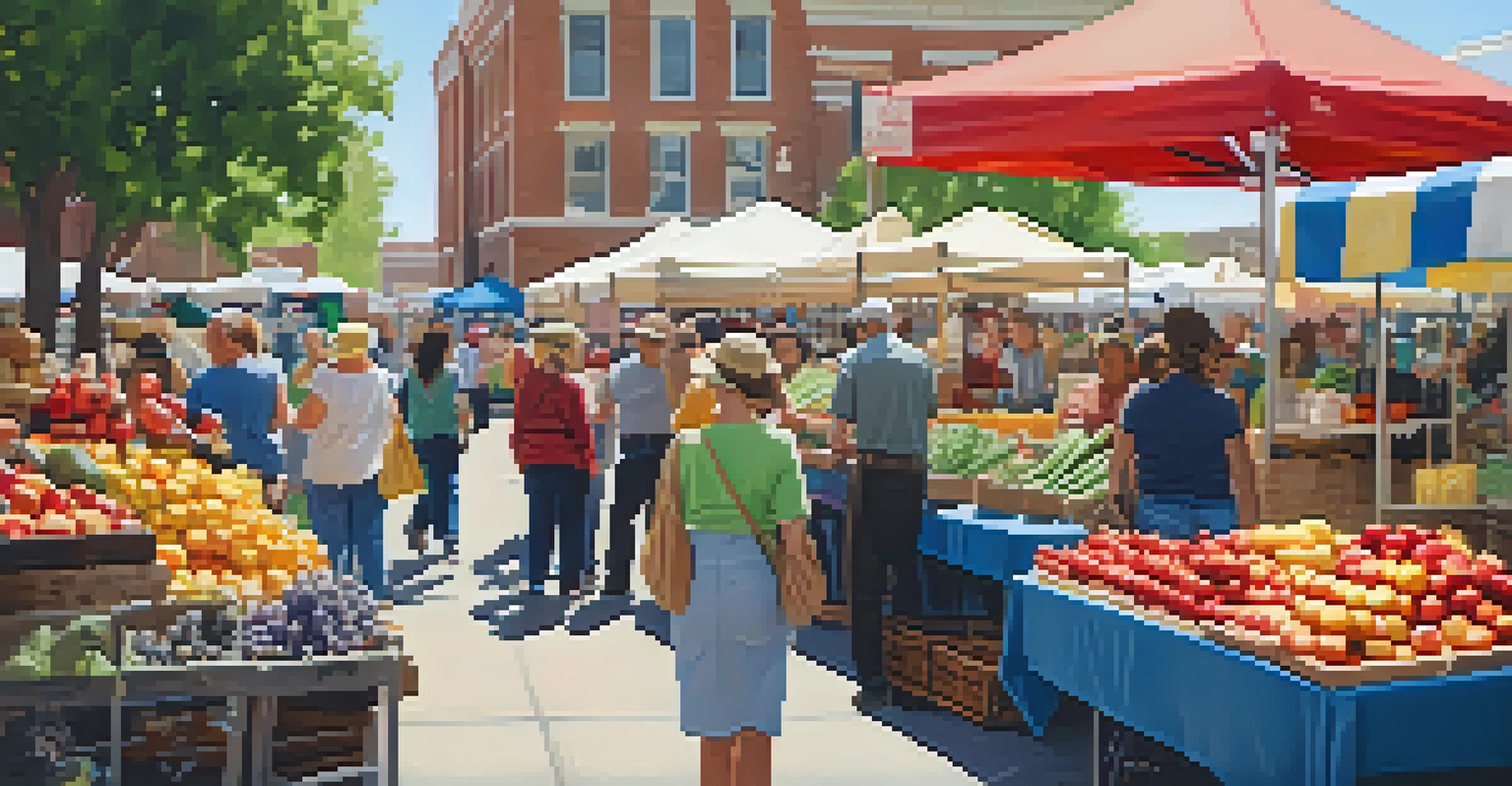 Close-up of a farmer's market in Salt Lake City with colorful produce, vendors, and shoppers enjoying the day.