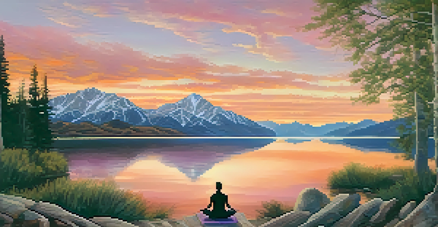 A person practicing yoga by a tranquil lake with the Wasatch Mountains in the background during sunset.