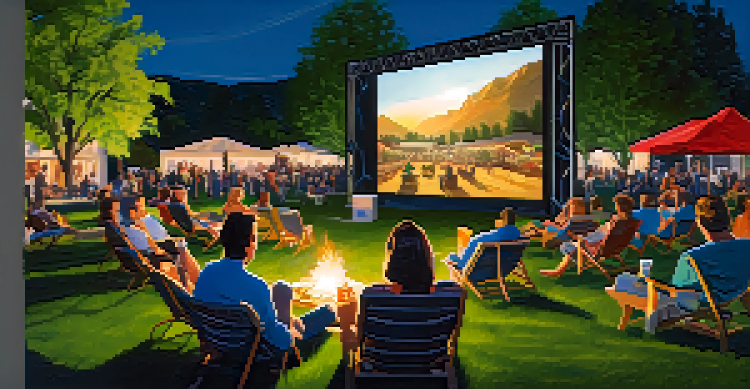 A film festival scene with people sitting outdoors in front of a large screen, enjoying a movie under warm evening lights.