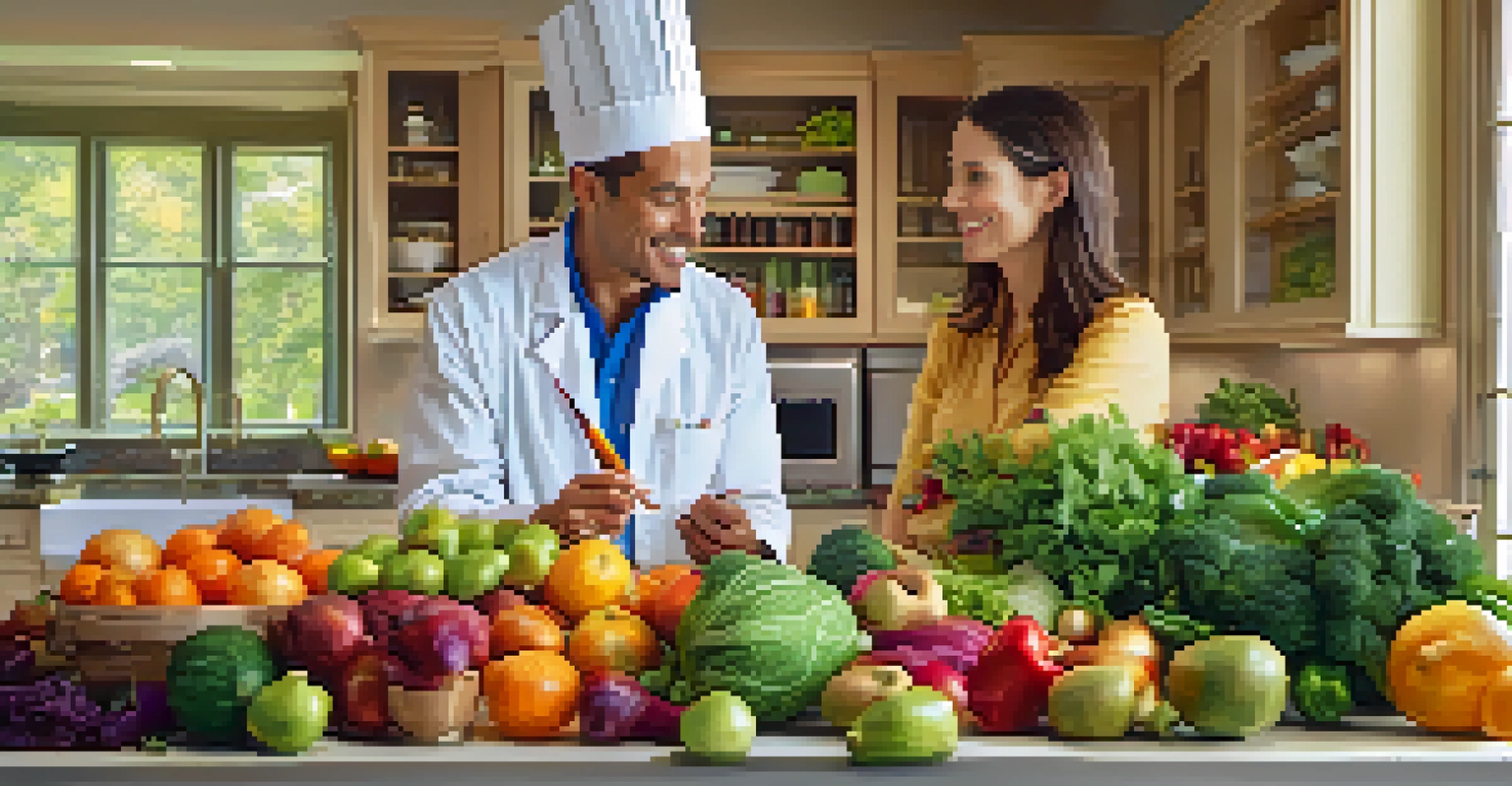 A nutritionist discussing healthy eating with a client in a bright kitchen, surrounded by fresh produce.