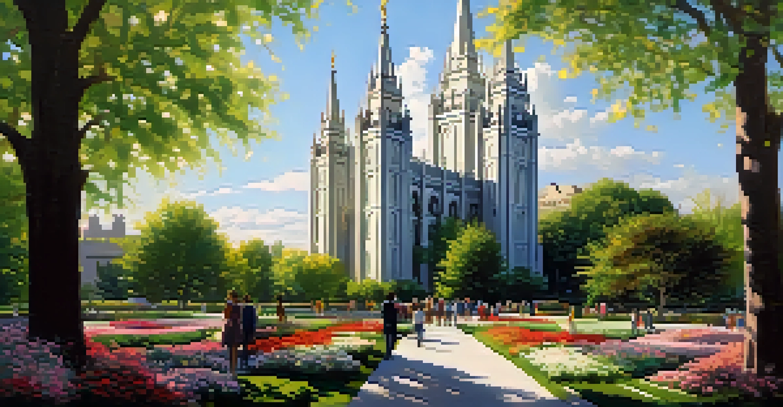 Visitors strolling through the gardens of the Salt Lake Temple, with blooming flowers and trees, and the temple in the background.