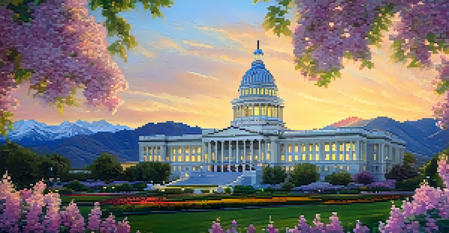 The Utah State Capitol building illuminated at sunset, set against the Wasatch Range and surrounded by gardens.