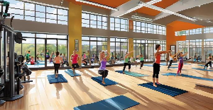 A busy fitness center with people participating in different group classes like yoga and spinning, illuminated by natural light.