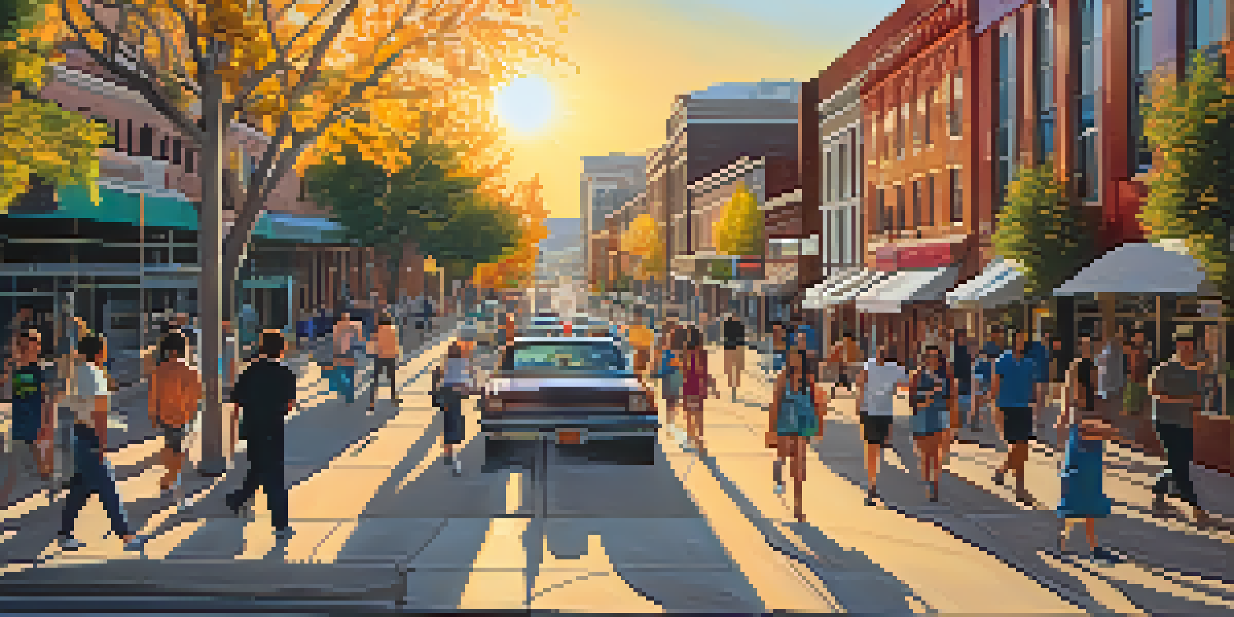 A colorful mural in Salt Lake City depicting local culture and history, with people walking by in a lively street scene at sunset.