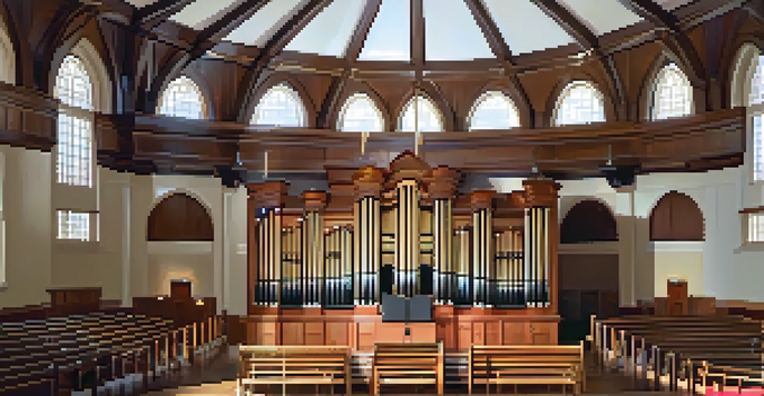 An interior view of the Historic Tabernacle highlighting its wooden dome and organ.