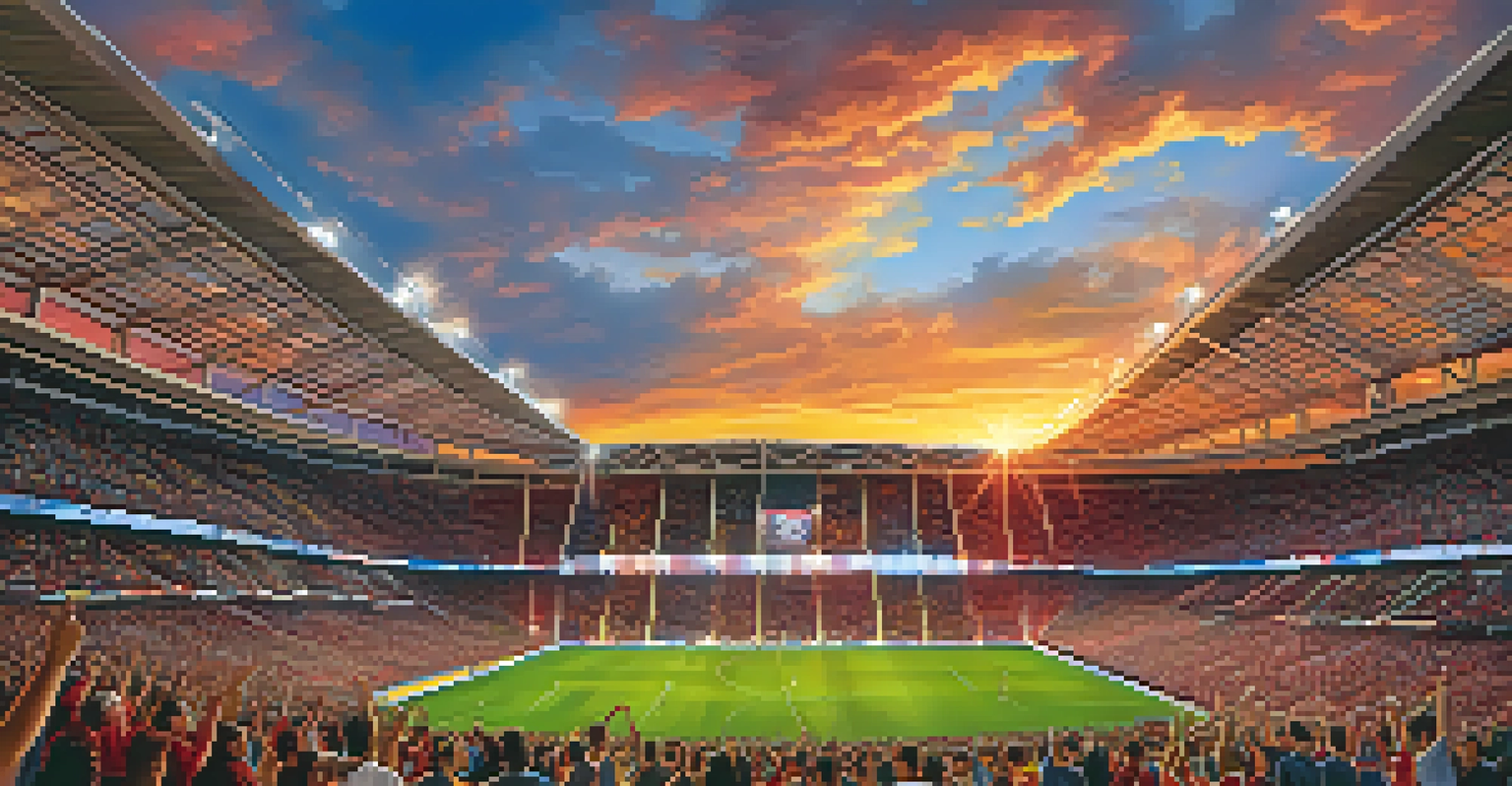 A lively crowd of soccer fans at Rio Tinto Stadium, waving flags and cheering for Real Salt Lake under a beautiful sunset.