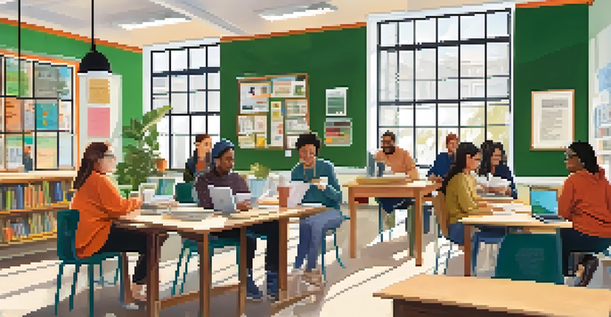 A warm classroom with adult learners studying together, surrounded by books and laptops.