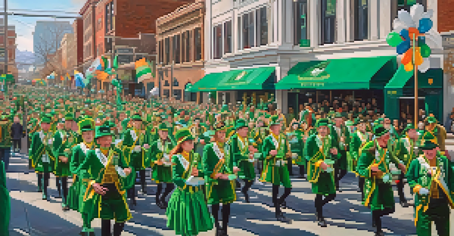 A colorful St. Patrick's Day parade with green floats, festive attire, and historic buildings in the background.