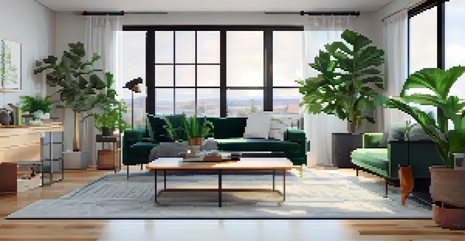 A modern rental apartment interior designed for remote work, featuring a stylish living room with natural light and contemporary decor.