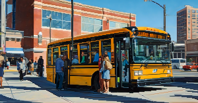 A busy Salt Lake City bus stop with diverse commuters and modern buses against a clear blue sky.