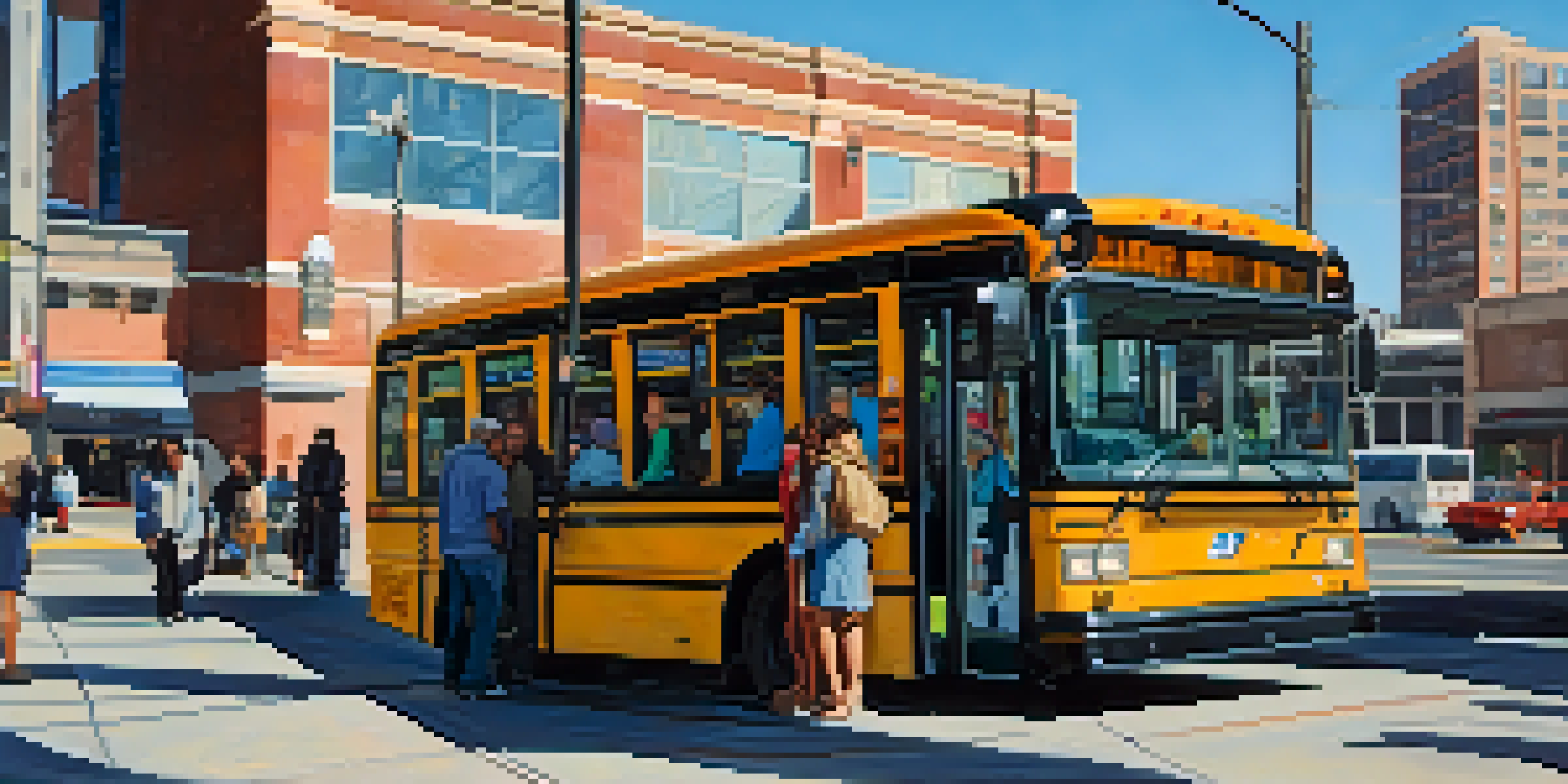 A busy Salt Lake City bus stop with diverse commuters and modern buses against a clear blue sky.