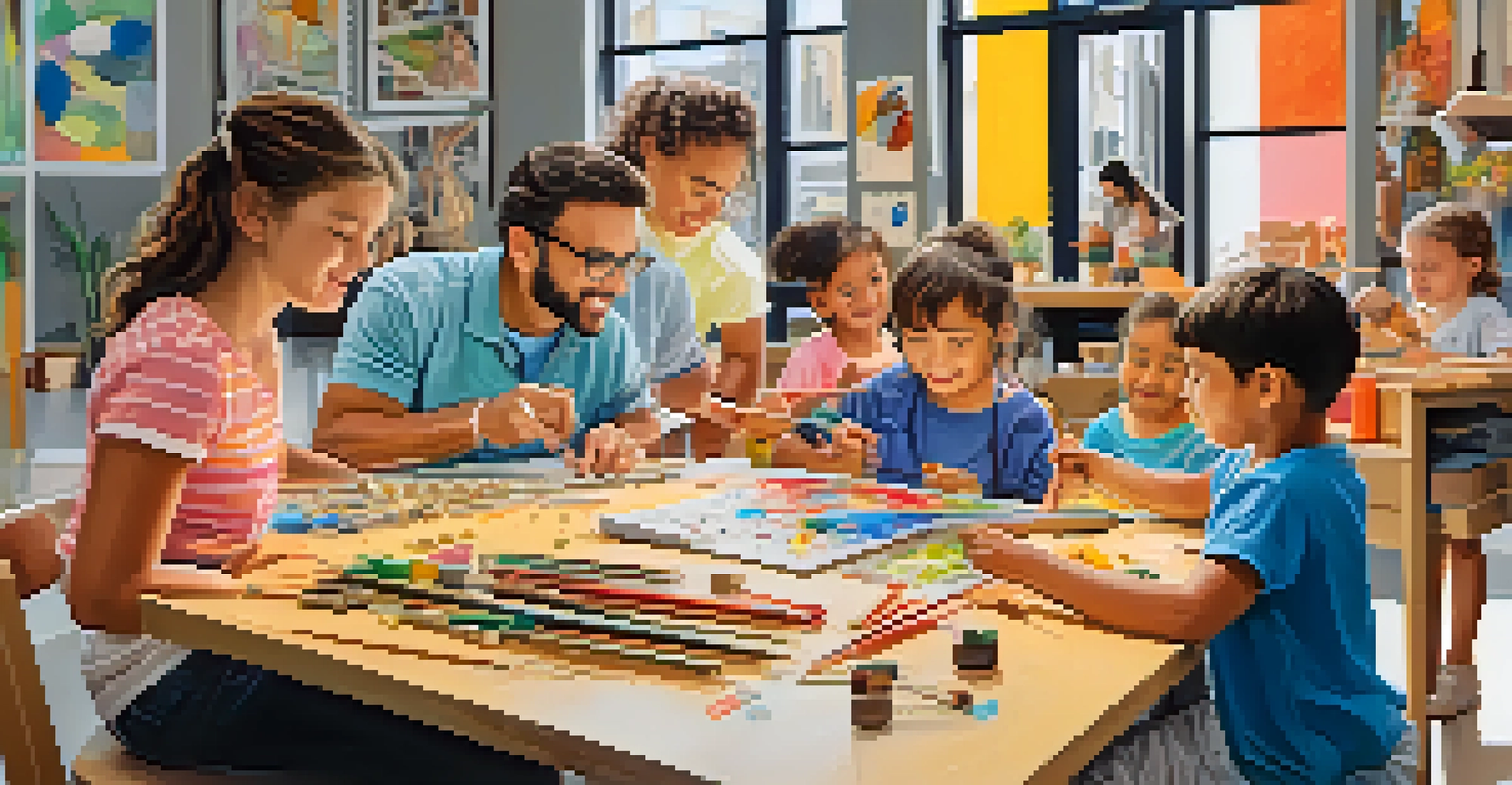 A family working together on an art project in a workshop at The Leonardo Museum, surrounded by colorful materials.