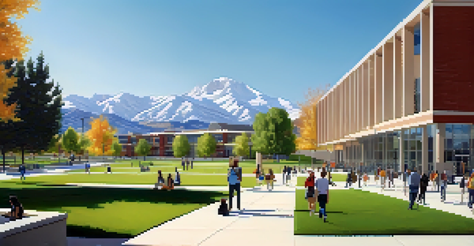 Panoramic view of the University of Utah campus with students and mountains in the background.