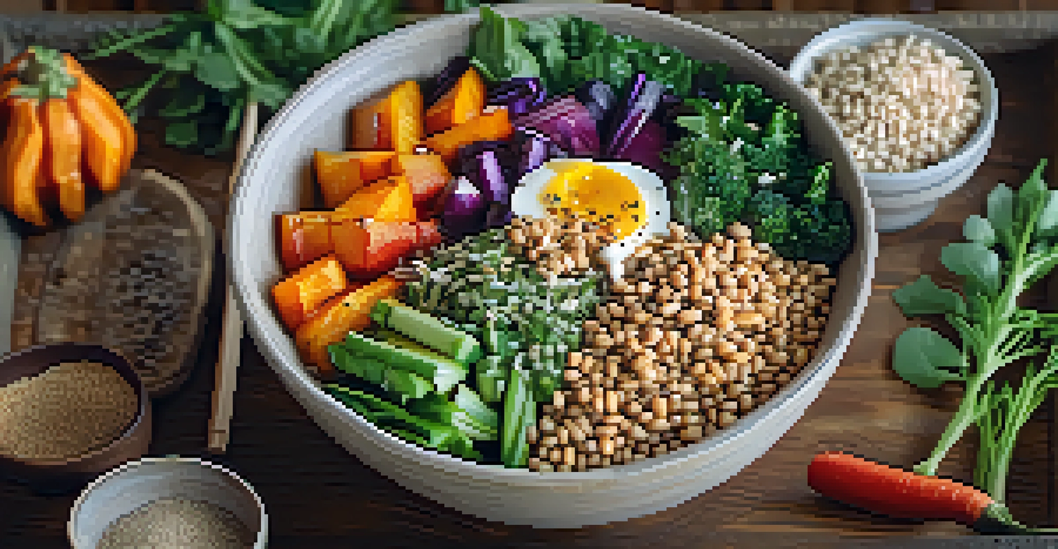 A close-up of a colorful plant-based Buddha bowl with various fresh ingredients displayed in a rustic bowl.