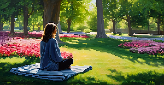 A peaceful meditation scene in a park with a person sitting cross-legged on a blanket surrounded by flowers and sunlight.
